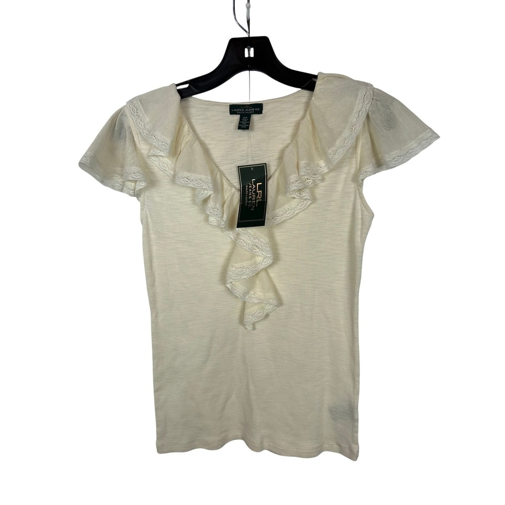 Lauren Cream Lace Ruffle Flutter Sleeve Cotton Cottagecore Top Small